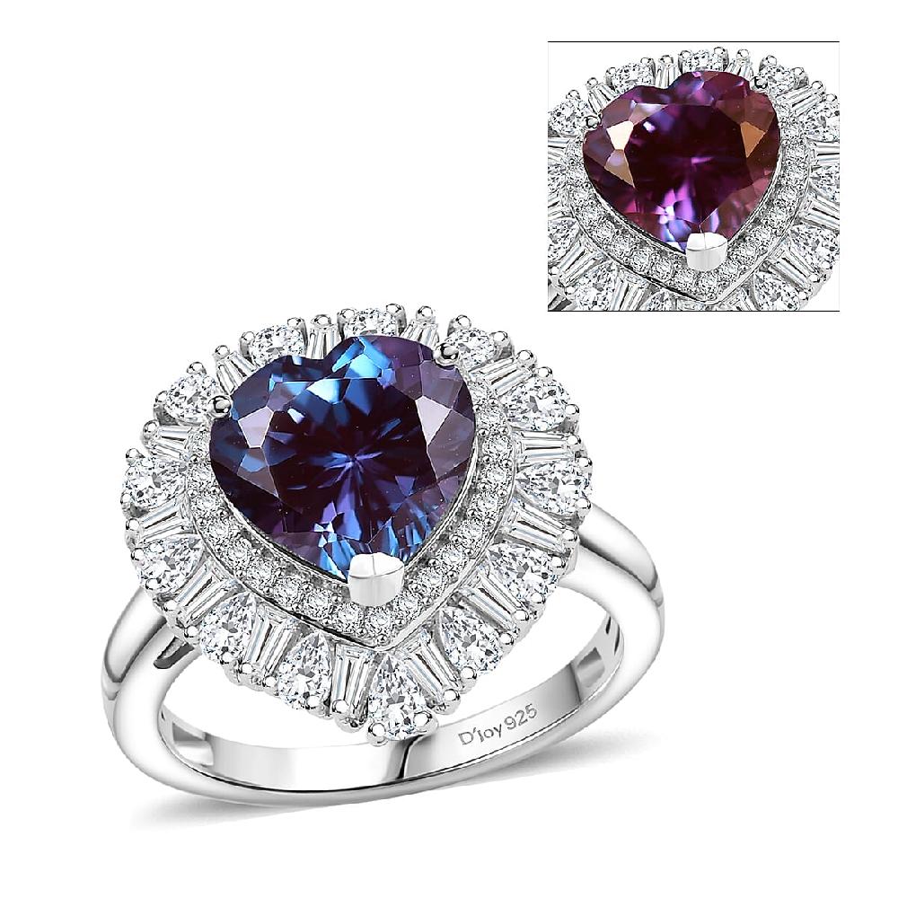Luxuriant Premium Lab Grown Alexandrite and Moissanite 5.90 ctw Twilight Heart Ring in Rhodium Over Sterling Silver