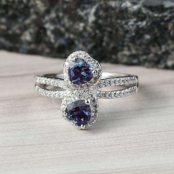 Luxuriant Premium Lab Grown Alexandrite And White Zircon 1.90 Ctw Lover’s Eclipse Ring In Rhodium Over Sterling Silver