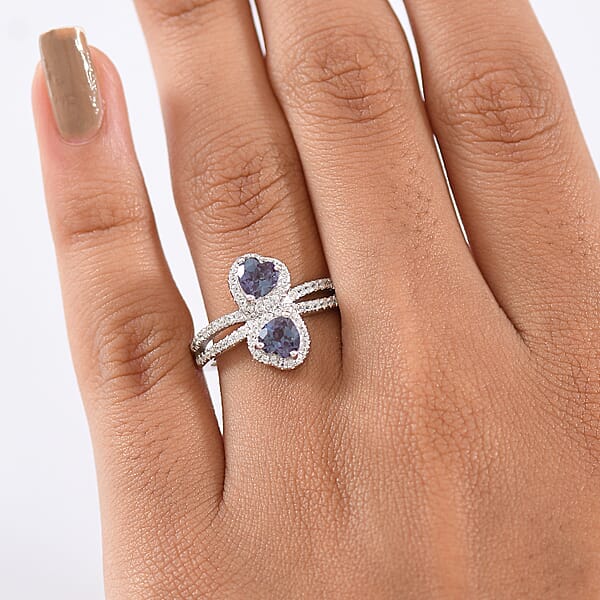 Luxuriant Premium Lab Grown Alexandrite And White Zircon 1.90 Ctw Lover’s Eclipse Ring In Rhodium Over Sterling Silver