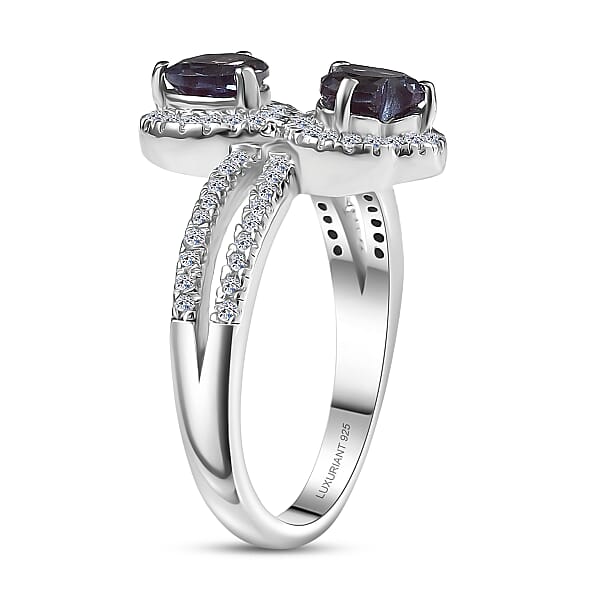 Luxuriant Premium Lab Grown Alexandrite And White Zircon 1.90 Ctw Lover’s Eclipse Ring In Rhodium Over Sterling Silver