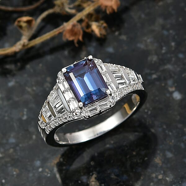 Luxuriant Premium Lab Grown Alexandrite And White Topaz 3.00 Ctw Eclipse Empire Ring In Rhodium Over Sterling Silver