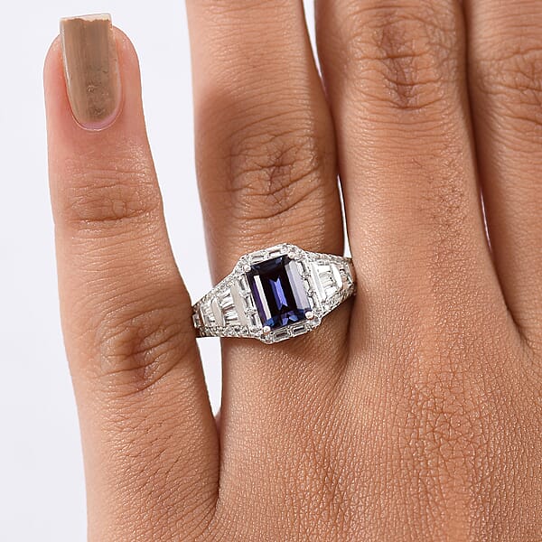 Luxuriant Premium Lab Grown Alexandrite And White Topaz 3.00 Ctw Eclipse Empire Ring In Rhodium Over Sterling Silver