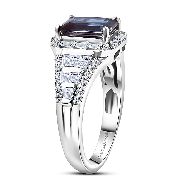 Luxuriant Premium Lab Grown Alexandrite And White Topaz 3.00 Ctw Eclipse Empire Ring In Rhodium Over Sterling Silver
