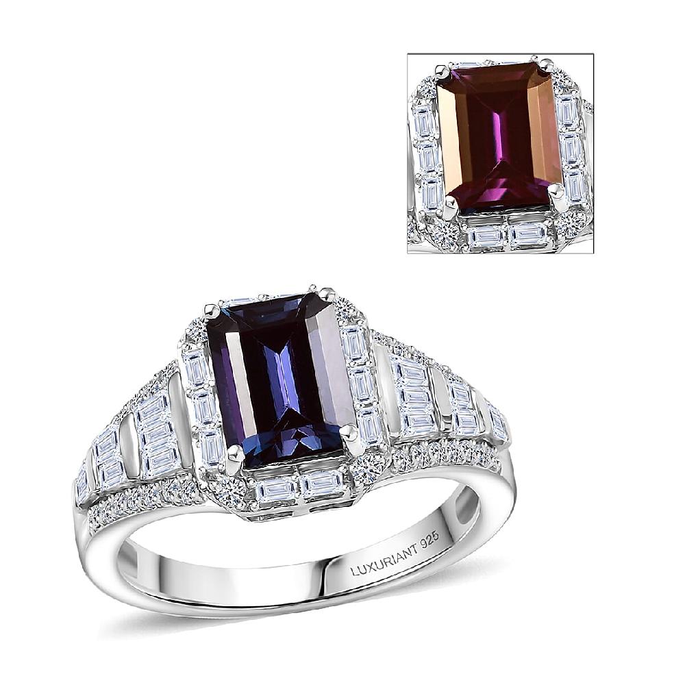 Luxuriant Premium Lab Grown Alexandrite and White Topaz 3.00 ctw Eclipse Empire Ring in Rhodium Over Sterling Silver