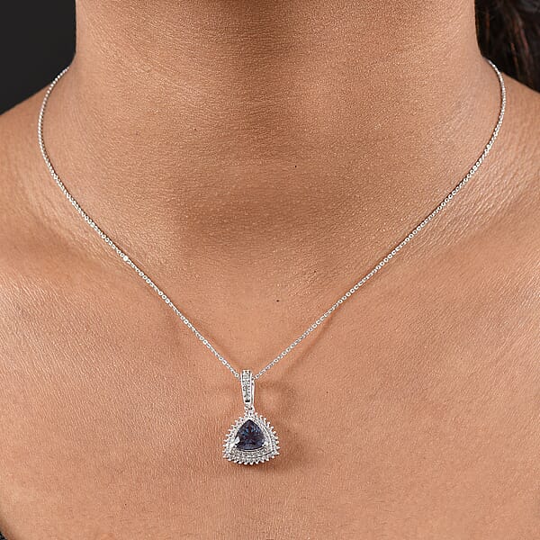 Luxuriant Premium Lab Grown Alexandrite And White Zircon 3.10 Ctw Radiant Eclipse Pendant Necklace In Rhodium Over Sterling Silver 20 Inches