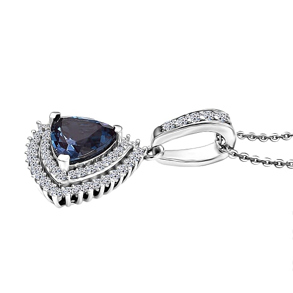 Luxuriant Premium Lab Grown Alexandrite And White Zircon 3.10 Ctw Radiant Eclipse Pendant Necklace In Rhodium Over Sterling Silver 20 Inches