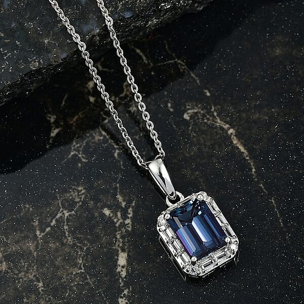 Luxuriant Premium Lab Grown Alexandrite And White Topaz 2.35 Ctw Eclipse Empire Pendant Necklace In Rhodium Over Sterling Silver 20 Inches