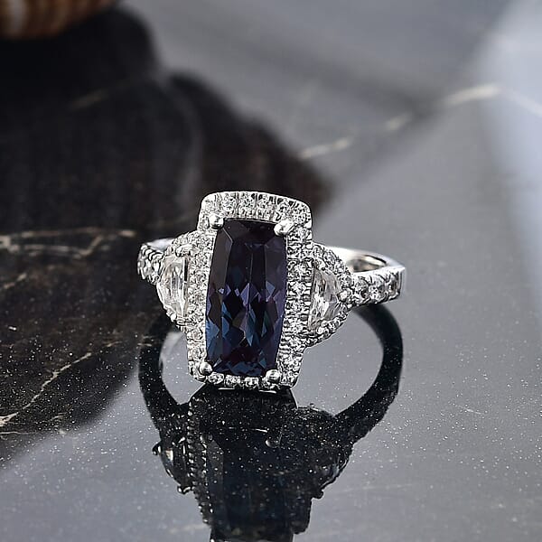 Luxuriant Premium Lab Grown Alexandrite And White Zircon 4.80 Ctw Midnight Crown Ring In Rhodium Over Sterling Silver