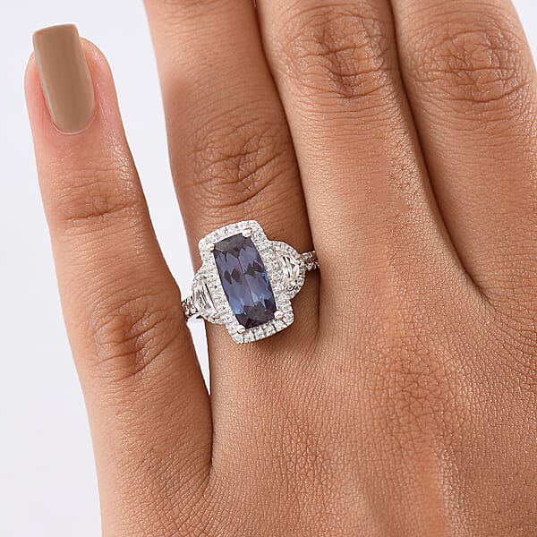 Luxuriant Premium Lab Grown Alexandrite And White Zircon 4.80 Ctw Midnight Crown Ring In Rhodium Over Sterling Silver