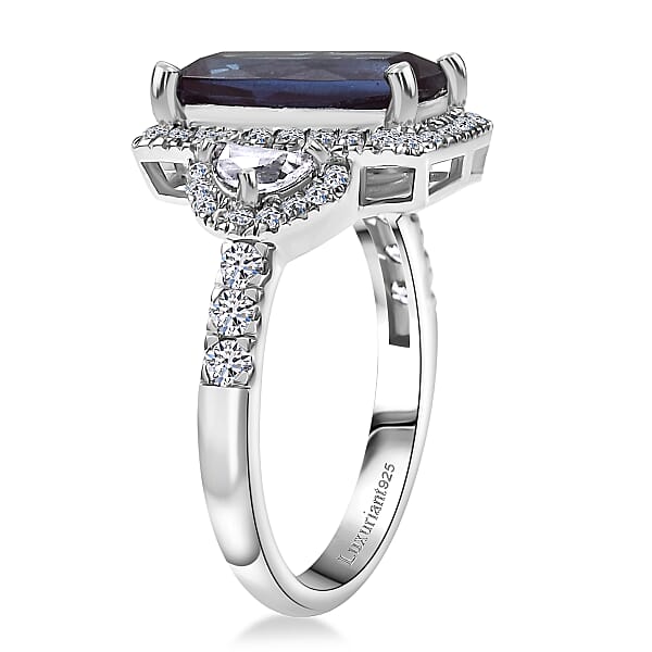 Luxuriant Premium Lab Grown Alexandrite And White Zircon 4.80 Ctw Midnight Crown Ring In Rhodium Over Sterling Silver