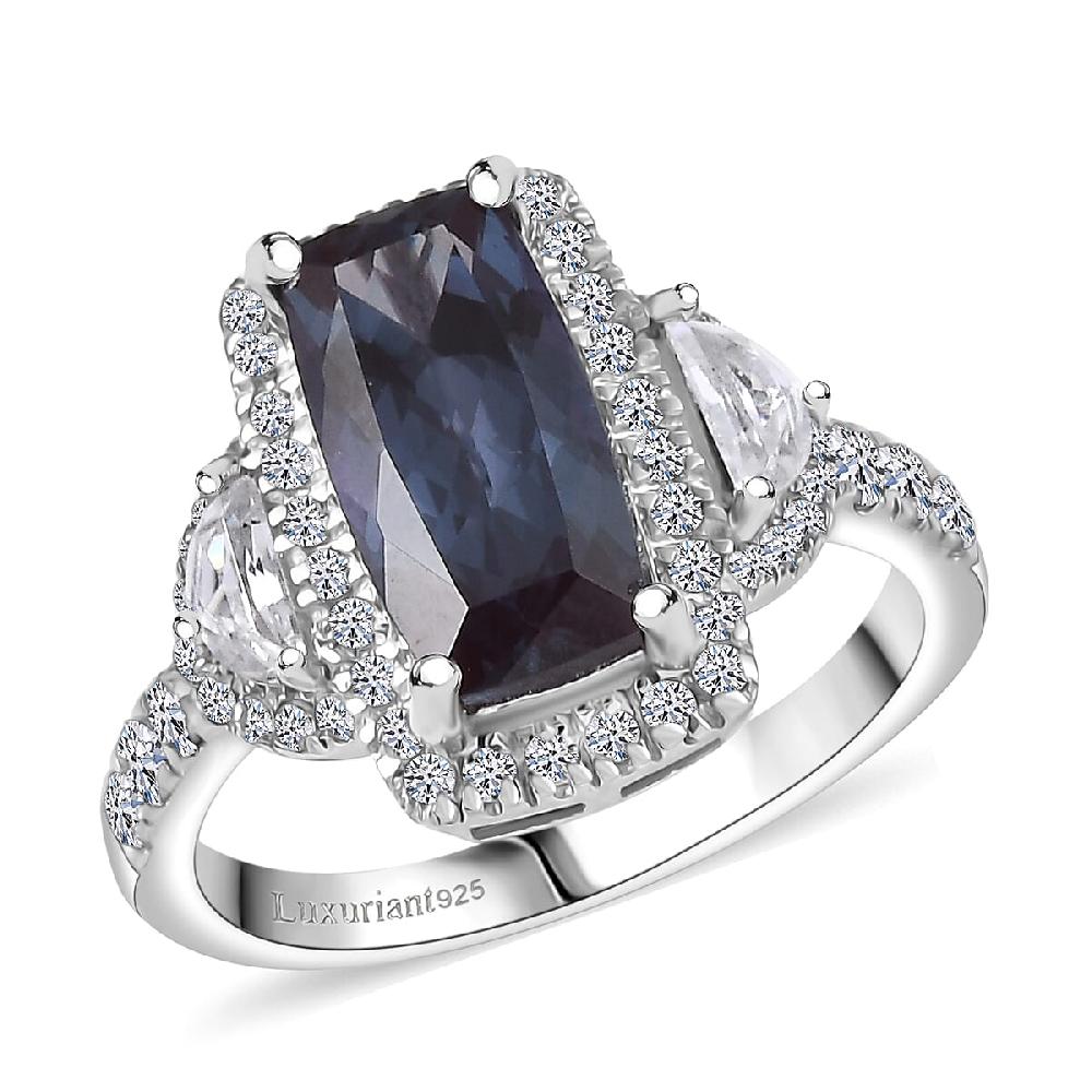 Luxuriant Premium Lab Grown Alexandrite and White Zircon 4.80 ctw Midnight Crown Ring in Rhodium Over Sterling Silver