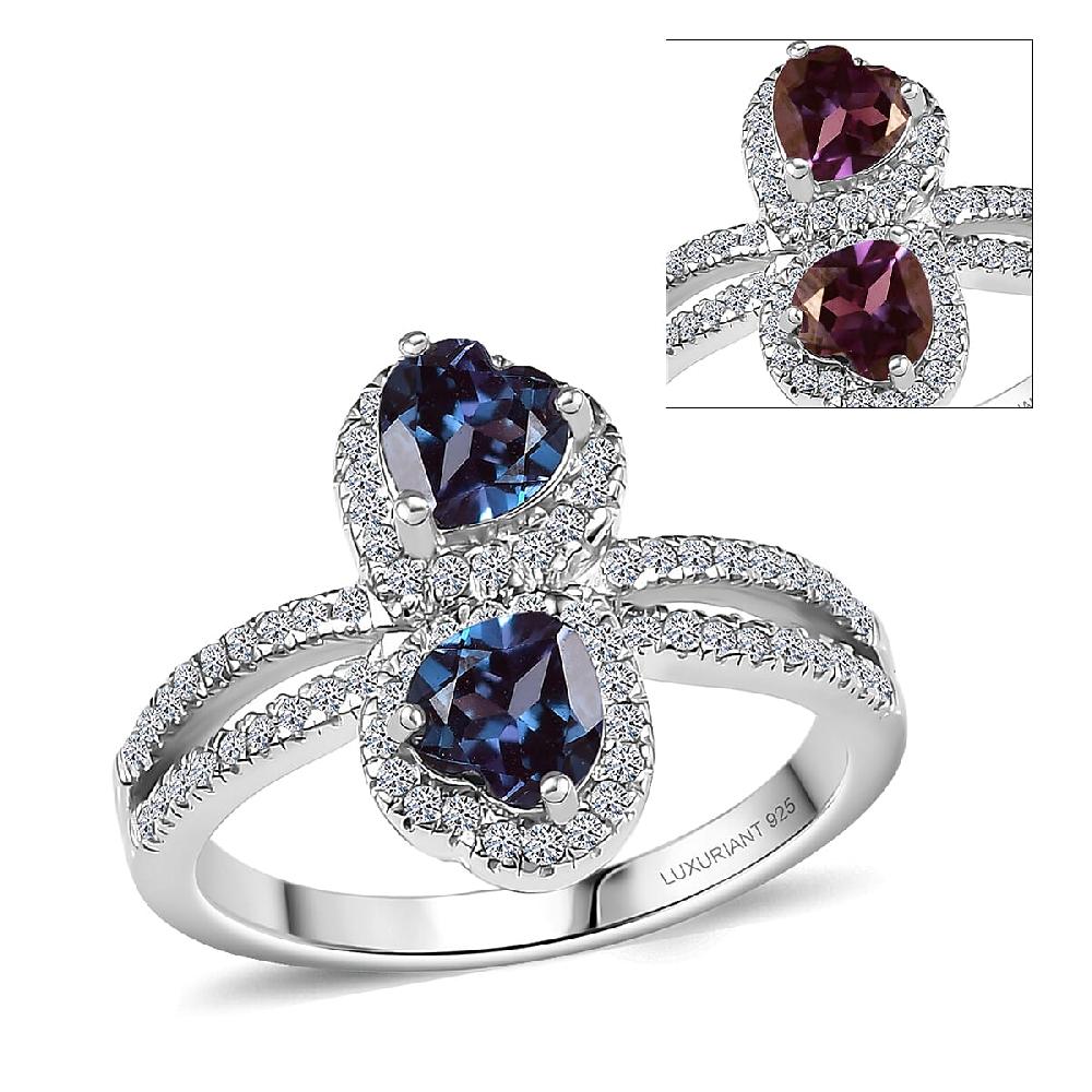 Luxuriant Premium Lab Grown Alexandrite and White Zircon 1.90 ctw Lover’s Eclipse Ring in Rhodium Over Sterling Silver