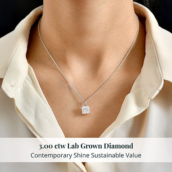 Luxuriant Princess Cut Lab Grown Diamond Solitaire Pendant In 950 Palladium With 10K White Gold Necklace 3.00 Ctw (20 Inches) (E-F VS)