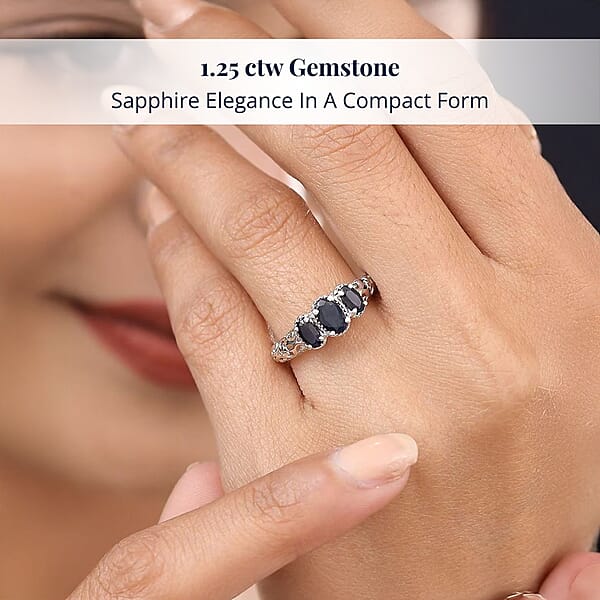 Madagascar Blue Sapphire (DF) 1.25 Ctw 3 Stone Ring In Platinum Over Sterling Silver