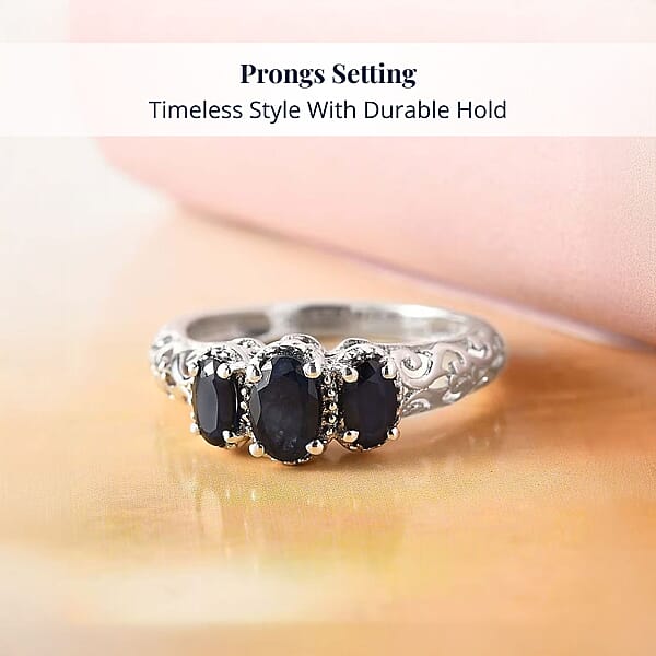 Madagascar Blue Sapphire (DF) 1.25 Ctw 3 Stone Ring In Platinum Over Sterling Silver