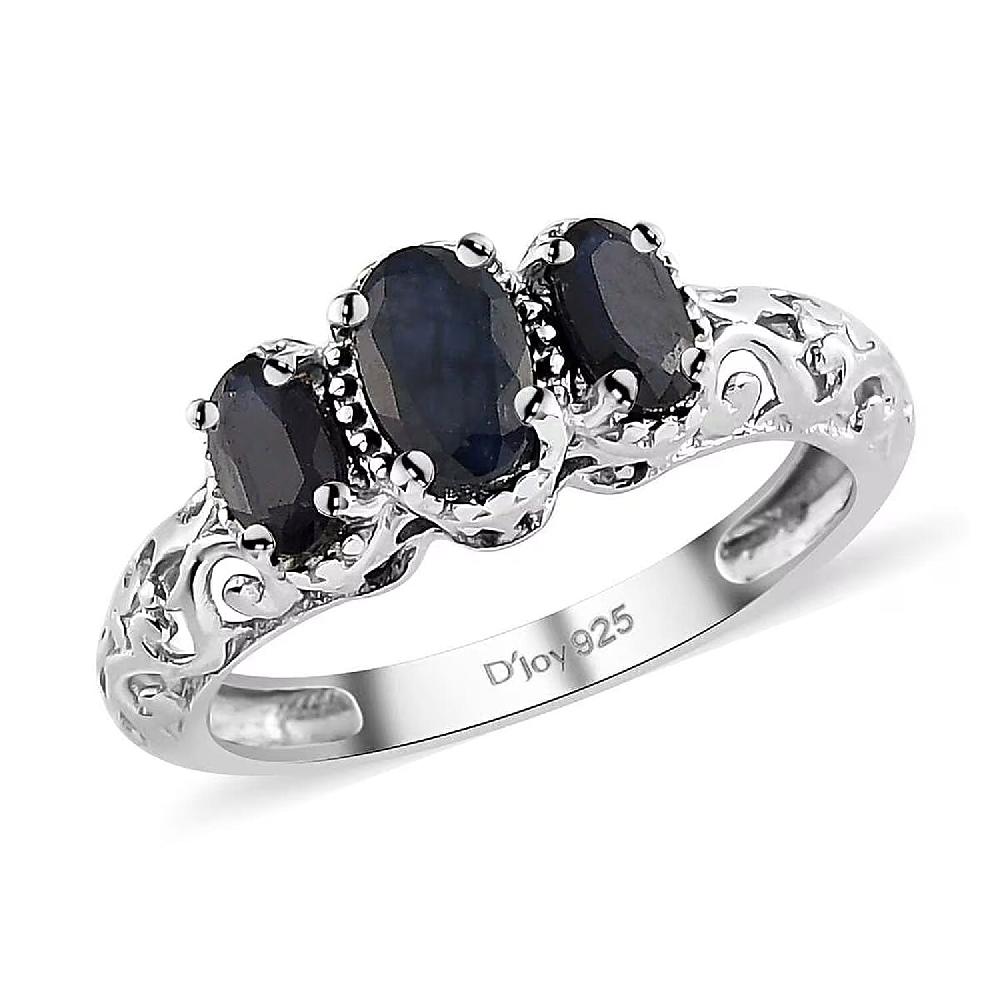 Madagascar Blue Sapphire (DF) 1.25 ctw 3 Stone Ring in Platinum Over Sterling Silver
