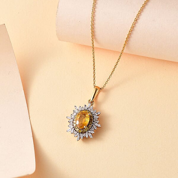Madagascar Yellow Sapphire White And Yellow Diamond 1.40 Ctw Sunburst Pendant Necklace In 18K Vermeil Yellow Gold Over Sterling Silver 20 Inches