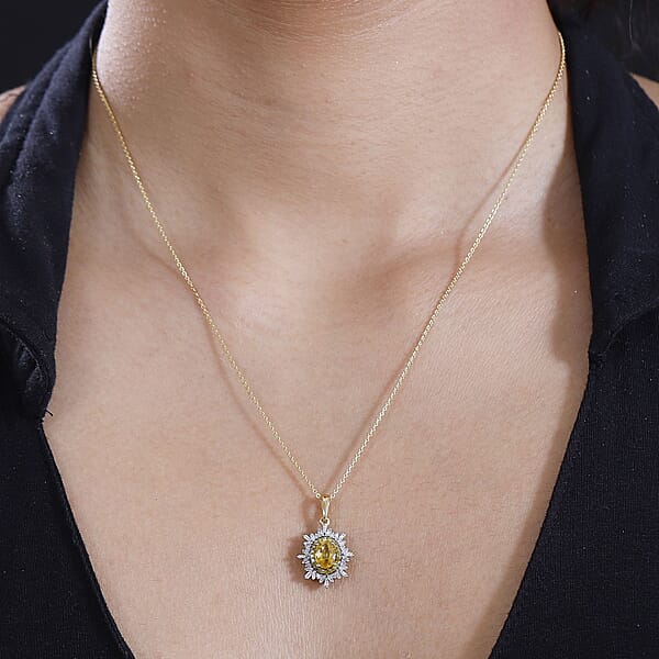 Madagascar Yellow Sapphire White And Yellow Diamond 1.40 Ctw Sunburst Pendant Necklace In 18K Vermeil Yellow Gold Over Sterling Silver 20 Inches