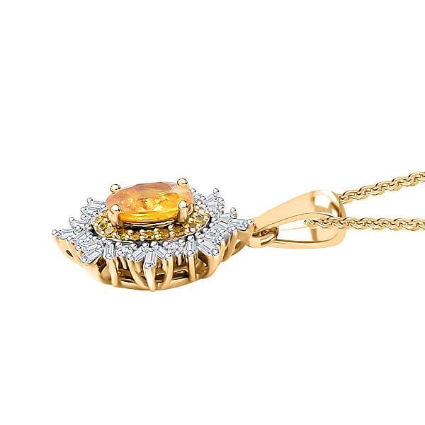 Madagascar Yellow Sapphire White And Yellow Diamond 1.40 Ctw Sunburst Pendant Necklace In 18K Vermeil Yellow Gold Over Sterling Silver 20 Inches