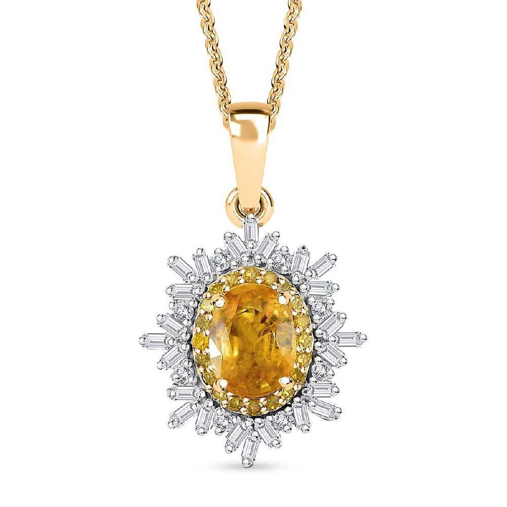 Madagascar Yellow Sapphire White and Yellow Diamond 1.40 ctw Sunburst Pendant Necklace in 18K Vermeil Yellow Gold Over Sterling Silver 20 Inches
