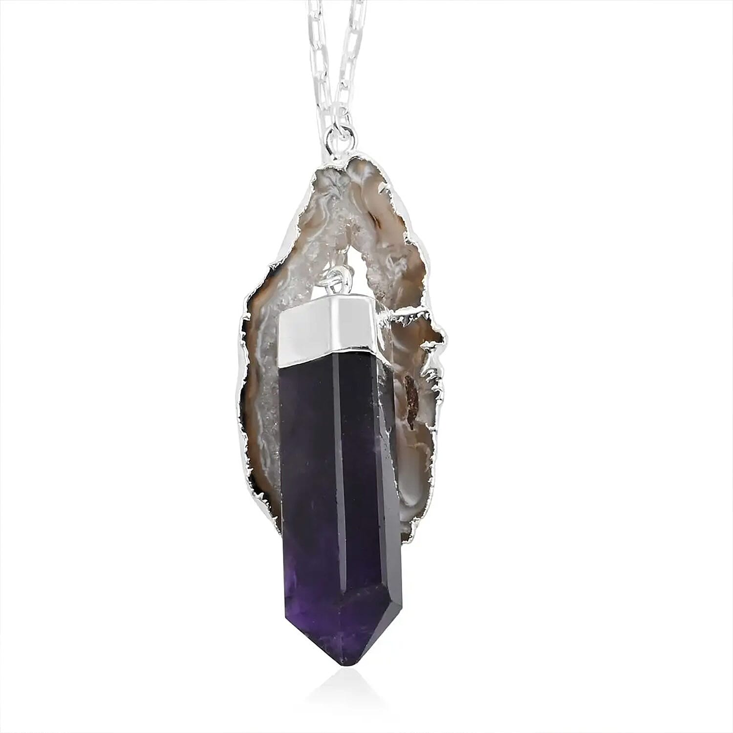 Made in Brazil Agate Occo and Terminated Light Amethyst 67.50 ctw Necklace in Silvertone 18 Inches