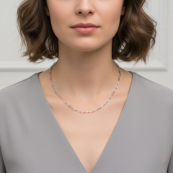 Made In Italy Paper Clip Necklace In Rhodium Over Sterling Silver 7.2 Grams 18 Inches