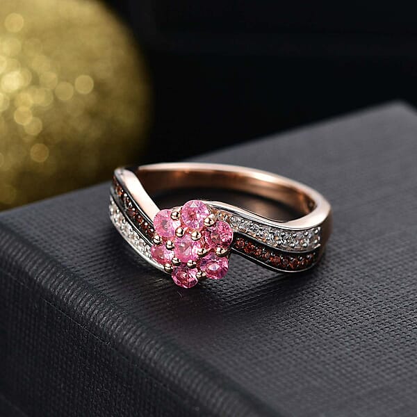 Mahenge Spinel Brown And White Zircon 1.00 Ctw Twist Floral Ring In 18K Vermeil Rose Gold Over Sterling Silver