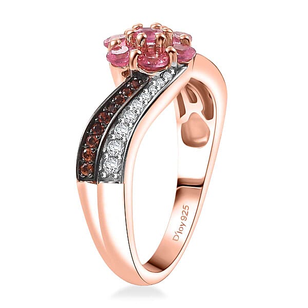 Mahenge Spinel Brown And White Zircon 1.00 Ctw Twist Floral Ring In 18K Vermeil Rose Gold Over Sterling Silver