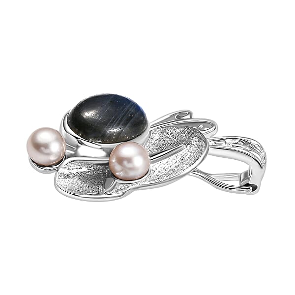 Malagaasy Labradorite And White Pearl 7.10 Ctw Pendant Without Chain In Rhodium Over Sterling Silver