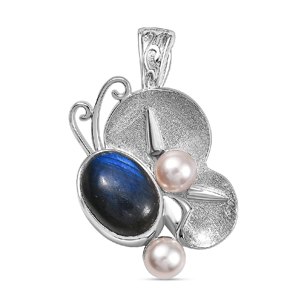 Malagaasy Labradorite and White Pearl 7.10 ctw Pendant without Chain in Rhodium Over Sterling Silver