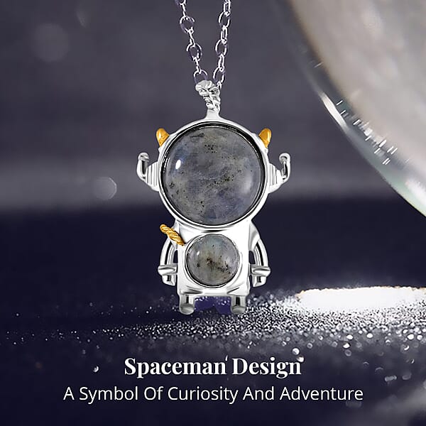 Malagasy Labradorite 46.50 Ctw Spaceman Pendant In Dualtone With Stainless Steel Chain 24 Inches