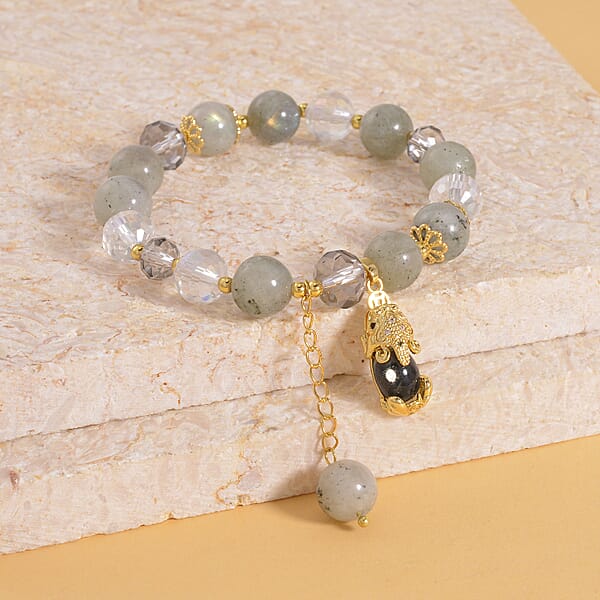 Malagasy Labradorite Gray And White Glass Simulated Black And White Diamond 72.65 Ctw Bracelet With Charm In Goldtone