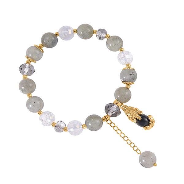 Malagasy Labradorite Gray And White Glass Simulated Black And White Diamond 72.65 Ctw Bracelet With Charm In Goldtone