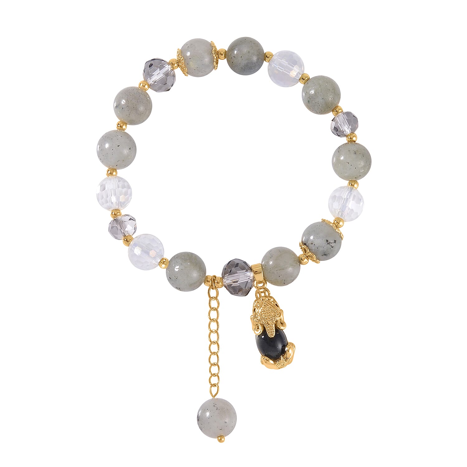 Malagasy Labradorite Gray and White Glass Simulated Black and White Diamond 72.65 ctw Bracelet with Charm in Goldtone