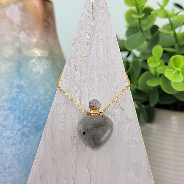 Malagasy Labradorite Perfume Heart Bottle Necklace 22 Inches In ION Plated Yellow Gold Stainless Steel 8.00 Ctw