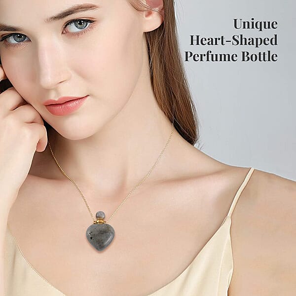 Malagasy Labradorite Perfume Heart Bottle Necklace 22 Inches In ION Plated Yellow Gold Stainless Steel 8.00 Ctw