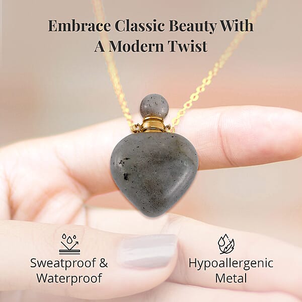 Malagasy Labradorite Perfume Heart Bottle Necklace 22 Inches In ION Plated Yellow Gold Stainless Steel 8.00 Ctw