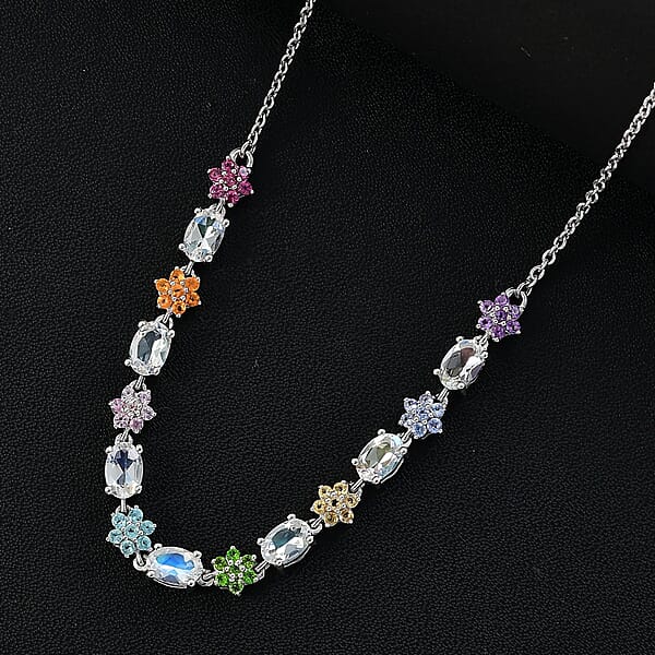 Malagasy Moonstone Multi Gemstone Floral Necklace In Rhodium Over Sterling Silver 4.50 Ctw (18-20 Inches)