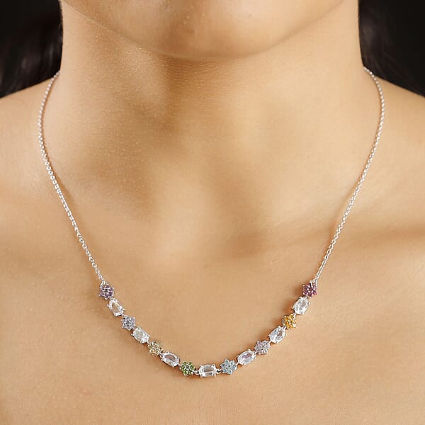 Malagasy Moonstone Multi Gemstone Floral Necklace In Rhodium Over Sterling Silver 4.50 Ctw (18-20 Inches)