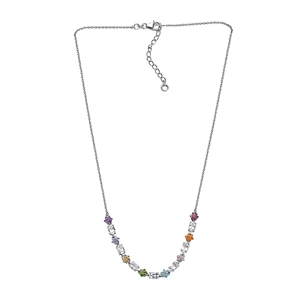 Malagasy Moonstone Multi Gemstone Floral Necklace In Rhodium Over Sterling Silver 4.50 Ctw (18-20 Inches)