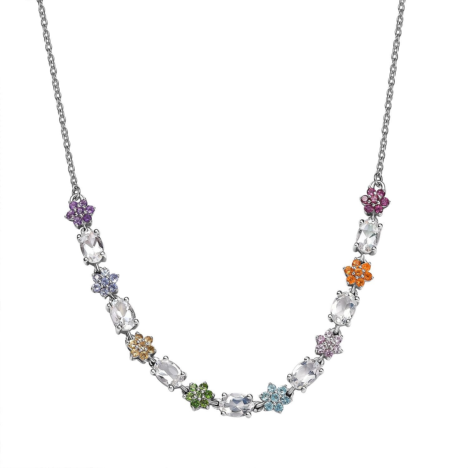 Malagasy Moonstone Multi Gemstone Floral Necklace in Rhodium Over Sterling Silver 4.50 ctw (18-20 Inches)
