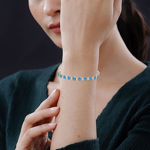 Malgache Neon Apatite And White Zircon 10.50 Ctw Bracelet In 18K Vermeil Yellow Gold Over Sterling Silver (6.50 In)