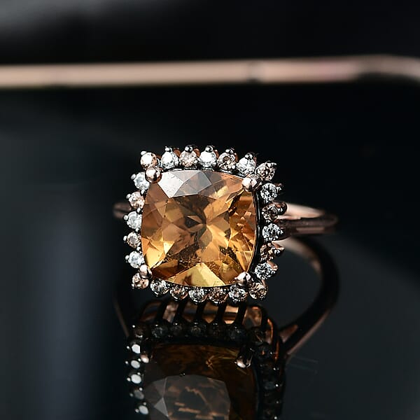 Marialite White And Champagne Zircon Art Deco Halo Ring In 18K Vermeil RG Over Sterling Silver 4.40 Ctw
