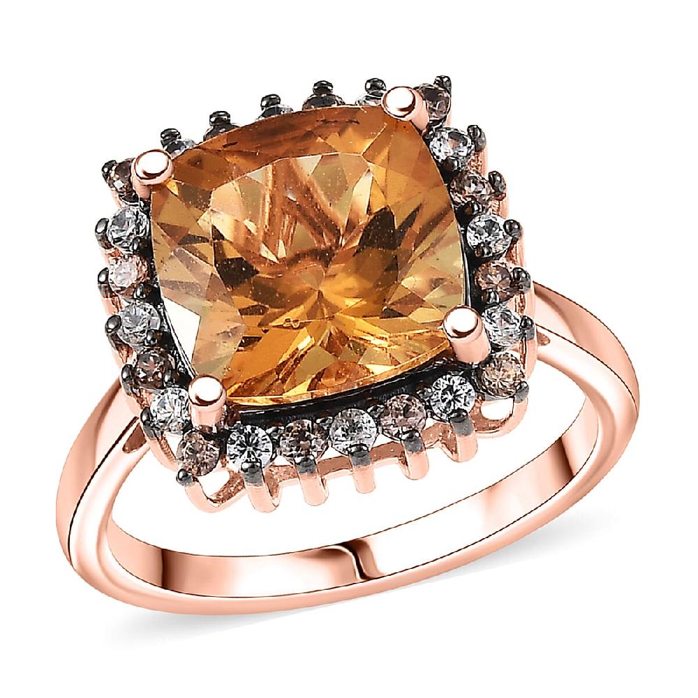 Marialite White and Champagne Zircon Art Deco Halo Ring in 18K Vermeil RG Over Sterling Silver 4.40 ctw