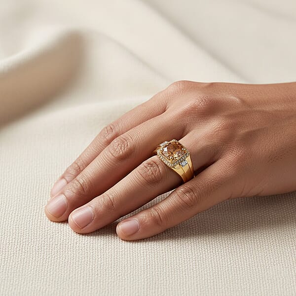Marialite Yellow Sapphire Lab Grown Diamond Men's Ring In 18K Vermeil YG Over Sterling Silver 1.85 Ctw