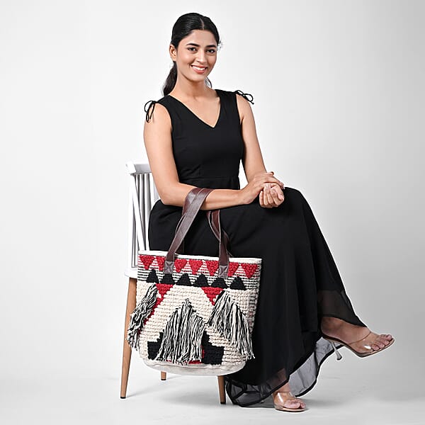 Maroon Cotton And Jacquard Tote Bag With Faux Leather Handle