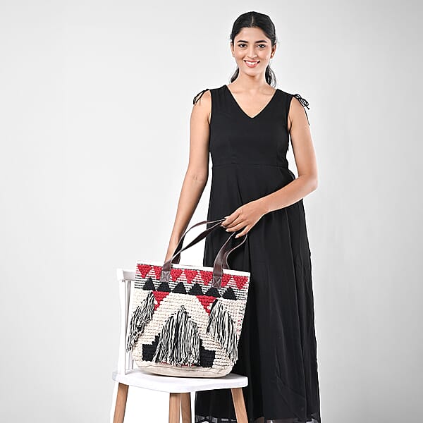 Maroon Cotton And Jacquard Tote Bag With Faux Leather Handle