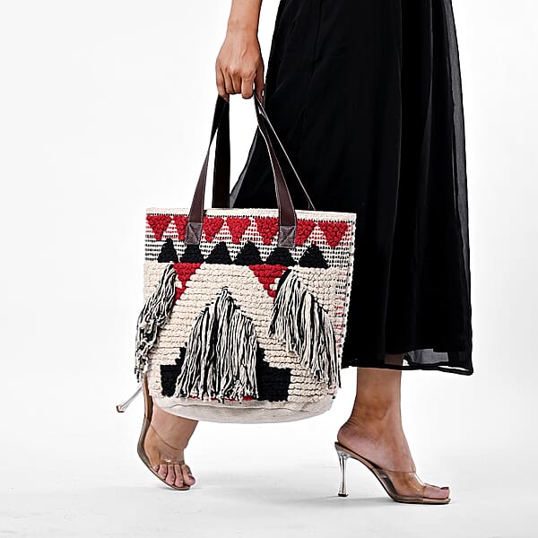 Maroon Cotton And Jacquard Tote Bag With Faux Leather Handle