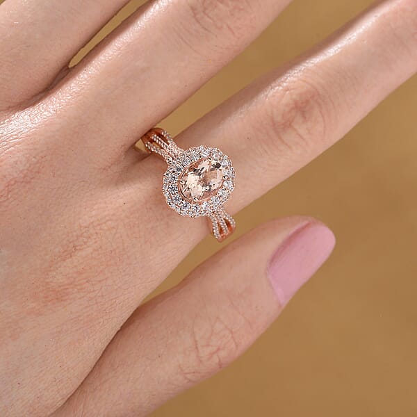 Marropino Morganite And White Zircon 1.90 Ctw Interchangeable Double Halo Ring And Pendant Necklace 18 Inches In 18K Vermeil Rose Gold Over Sterling Silver