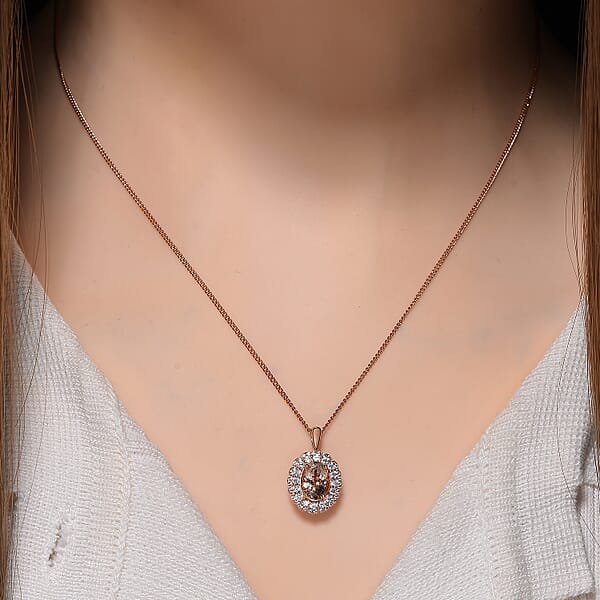 Marropino Morganite And White Zircon 1.90 Ctw Interchangeable Double Halo Ring And Pendant Necklace 18 Inches In 18K Vermeil Rose Gold Over Sterling Silver